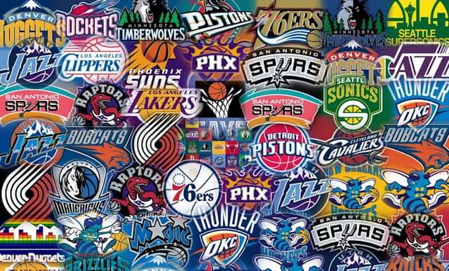 patchwork avec le logo de chaque franchise de basket américain, la NBA