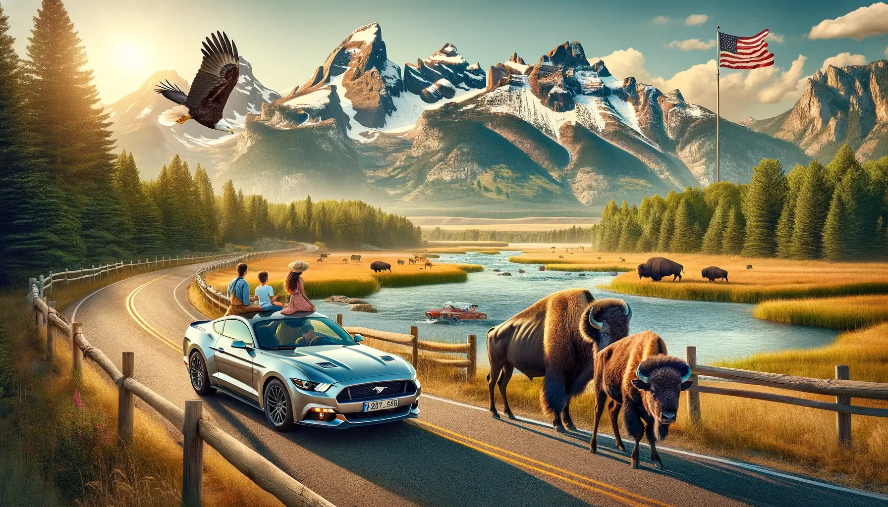 un parc national de l'ouest américain en été avec une famille de touristes dans une ford mustang. un bison et une pygargue a tete blanche dans le décor