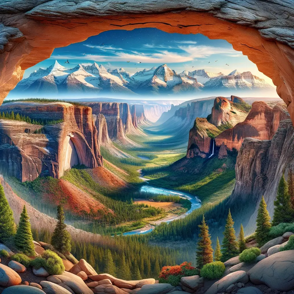 An awe-inspiring panoramic view seen through the famous Landscape Arch, encapsulating the vast diversity of the United States' national parks in one harmonious image. The scene transitions smoothly from the rugged, snow-capped peaks of Glacier National Park on one side to the arid, red rock arches of Arches National Park on the other. In between, the rich greenery of Yellowstone with its geysers and wildlife blends seamlessly into the deep canyons and river valleys of the Grand Canyon.